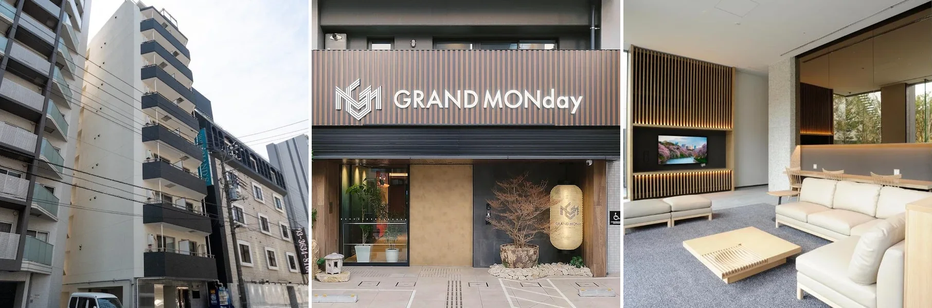 左から、Sky Kinshicho、GRAND MONday 浅草 旧：MONday Apart Premium 浅草、ホテル京阪 築地銀座 グランデの外観