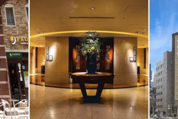 左から、相鉄フレッサイン 日本橋茅場町、ANAインターコンチネンタルホテル東京 by IHG、京王プレッソイン 日本橋茅場町の外観