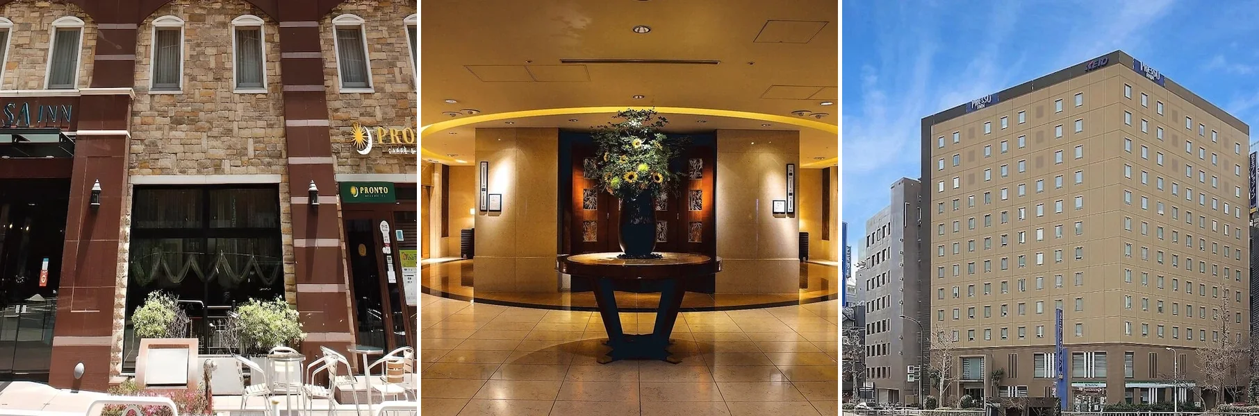 左から、相鉄フレッサイン 日本橋茅場町、ANAインターコンチネンタルホテル東京 by IHG、京王プレッソイン 日本橋茅場町の外観