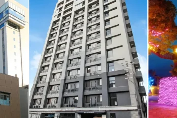左から、ホテルモントレ姫路、天然温泉ホテルリブマックスPREMIUM 姫路駅南、ホテルカルネヴァール 男塾ホテルグループの外観