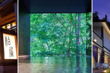 左から、四万温泉 柏屋旅館、四万温泉 ゆずりは、SHIN 湯治 HOTEL LULUDの外観