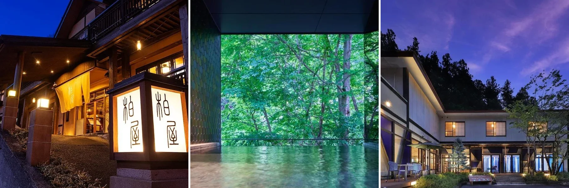 左から、四万温泉 柏屋旅館、四万温泉 ゆずりは、SHIN 湯治 HOTEL LULUDの外観