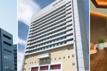 左から、大阪アカデミア、日和ホテル大阪住之江公園駅前、キャノピーbyヒルトン大阪梅田の外観