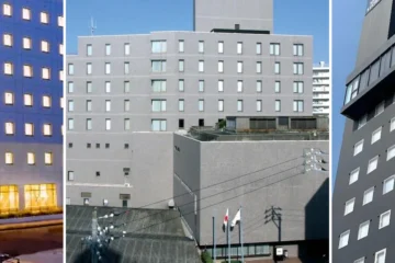 左から、天然温泉関門の湯 ドーミーインPREMIUM下関、下関大坂屋ホテル、Shimonoseki Station Hotelの外観