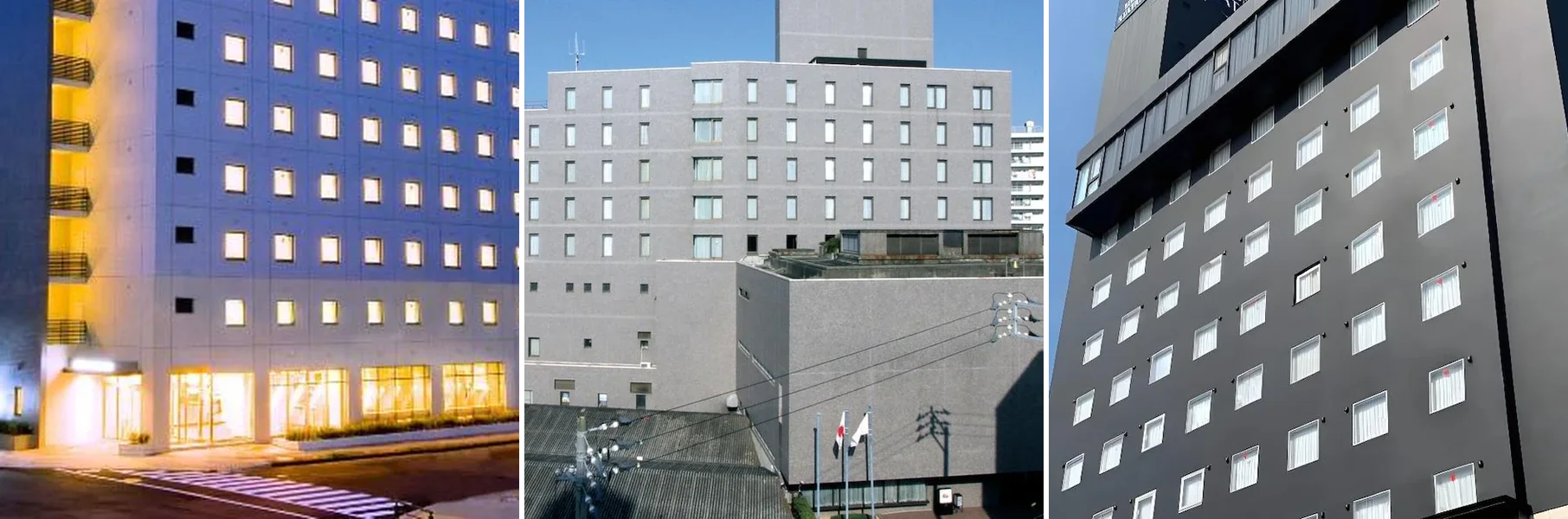 左から、天然温泉関門の湯 ドーミーインPREMIUM下関、下関大坂屋ホテル、Shimonoseki Station Hotelの外観
